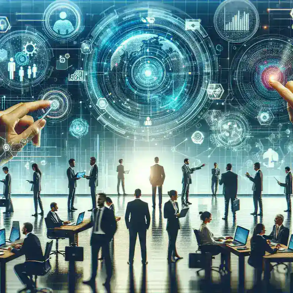 "Equipo de profesionales utilizando herramientas digitales para mejorar la comunicación empresarial en 2024, incluyendo videoconferencias, chat en equipo y aplicaciones de gestión de proyectos."